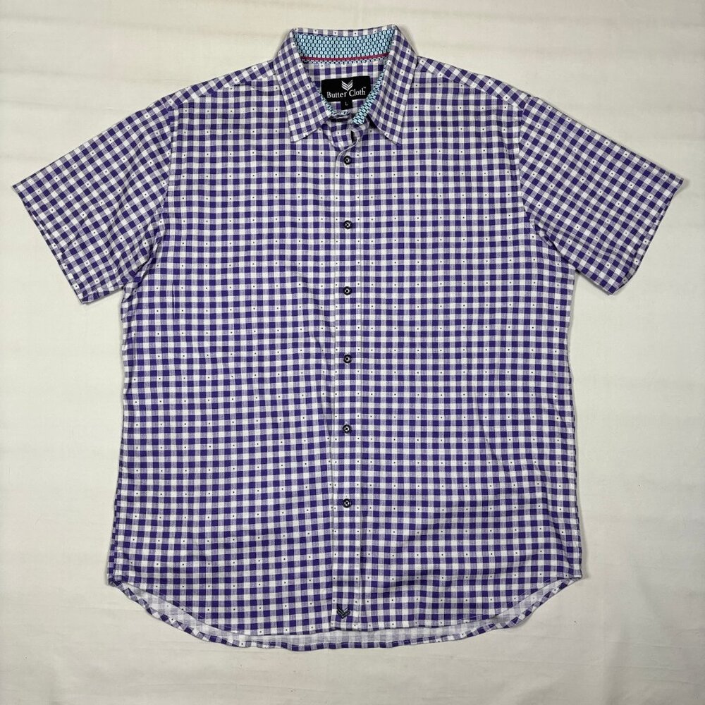Butter Cloth Purple Gingham Plaid Short Sleeve Stretch Button Shirt Mens Large